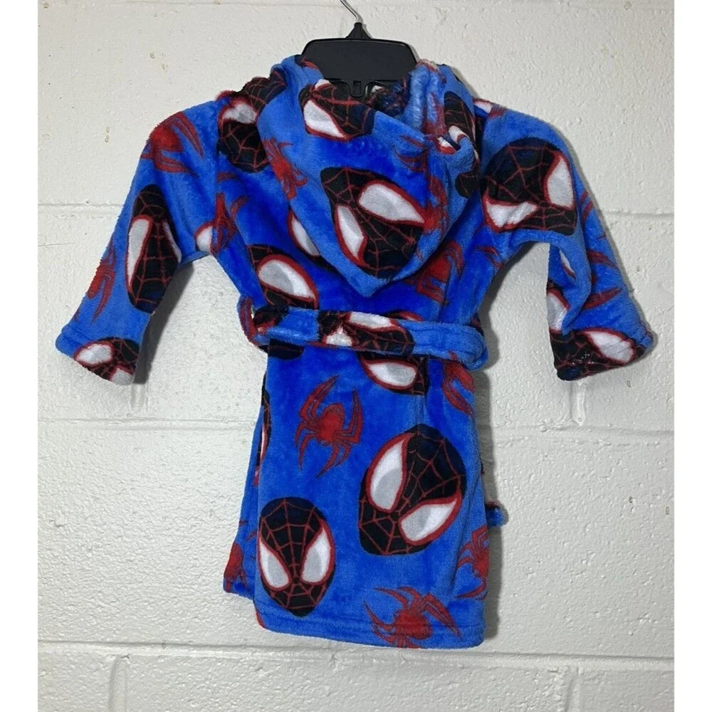 Marvel Spiderman Kids Robe XXS 2T Blue Red Fleece Belted Hooded Soft NWT